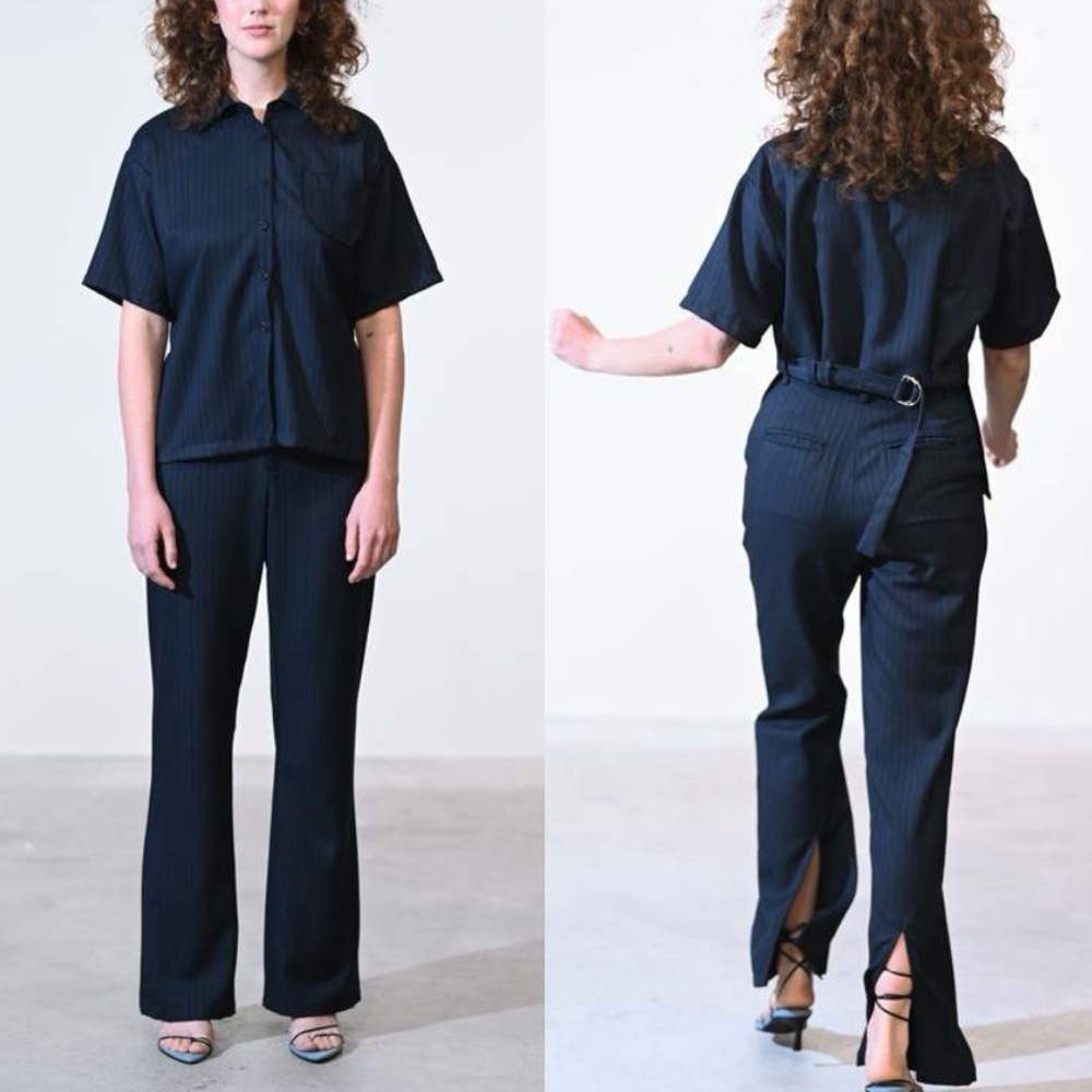 Diamond Leah Slit Trouser In Navy Pinstripe Size 2